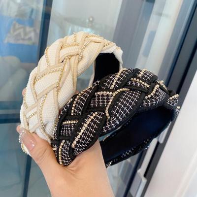 Diadema de moda para mujer, turbante ancho de lado, tocado trenzado hecho a mano, accesorios para el cabello con diamantes de imitación brillantes