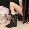 Medium boots thick heel thin trousers autumn British style short boots women's big tube circumference belt buckle pointed head high heel no