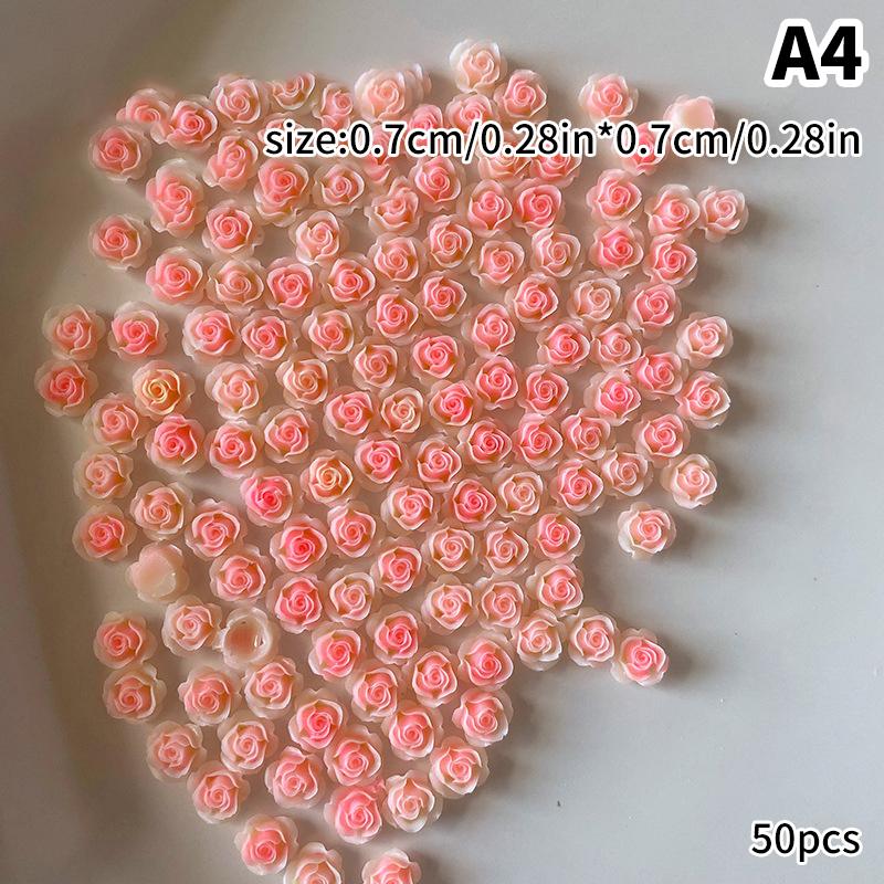 50 Pcs 3D Size 6/7/8Mm Pearl Resin Flower Rose Nail Charms Accessories Pink Rose Red Nail Art Luxury Decoratons Supplies Diy