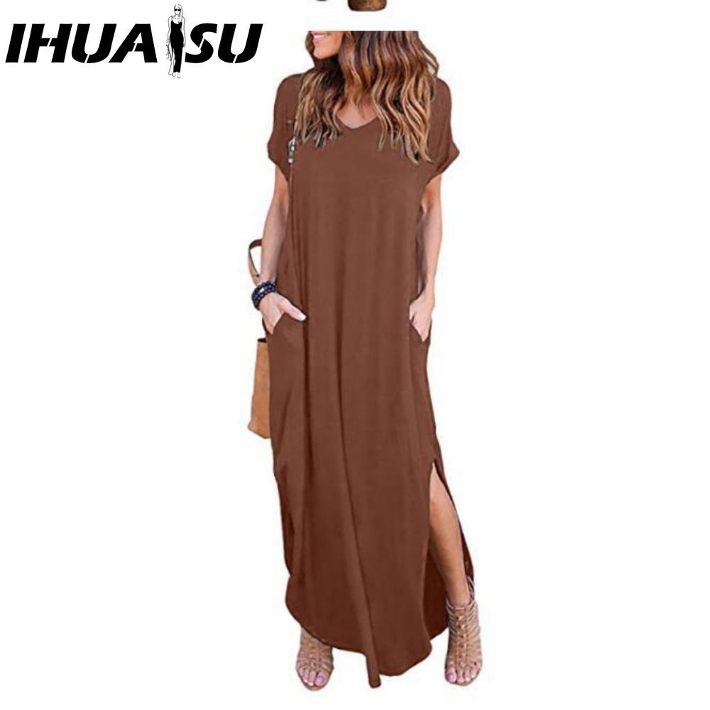 

IHUASU Сексуальное женское платье больших размеров 5XL Летнее однотонное повседневное платье макси с коротким рукавом для женщин Длинное платье Женские платья XXXXXL коричневый