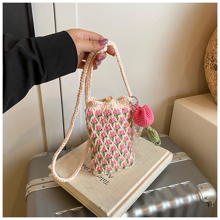 Handmade Crochet Tulip Phone Bag, Cute Color-Block Knitted Crossbody Purse for Women, Mini Shoulder Phone Pouch