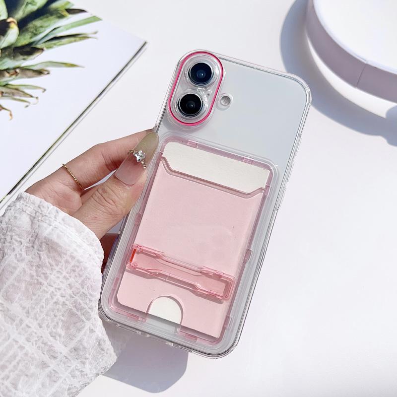 New Solid Color Wallet Single Card Slot Fold Bracket Phone Case For iPhone 16 Pro Max 14 11 12 13 15 Pro Max Acrylic Back Cover