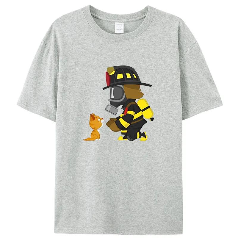 

Летняя мужская футболка Креативные спасения котенка Популярная мужская футболка с коротким рукавом Мужская белая Футболка с принтом Герой-пожарный Борется с огнем L