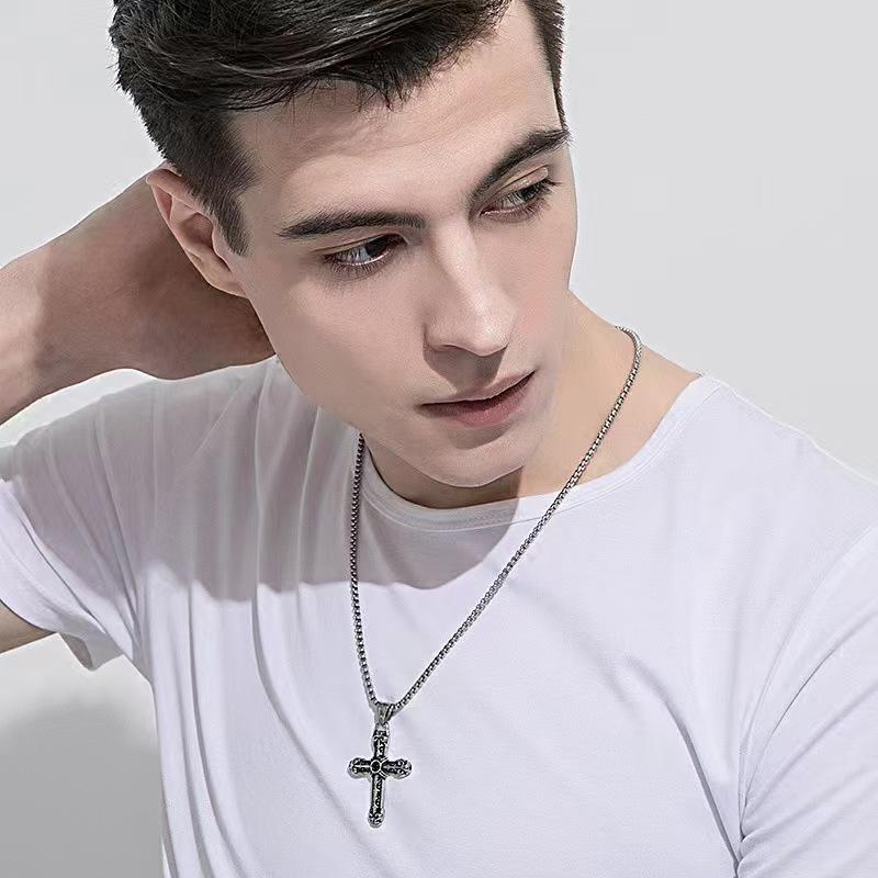 European-American Trendy Cross Necklace: Titanium Steel Hip Hop Pendant, Unisex Sweater Chain for Students.
