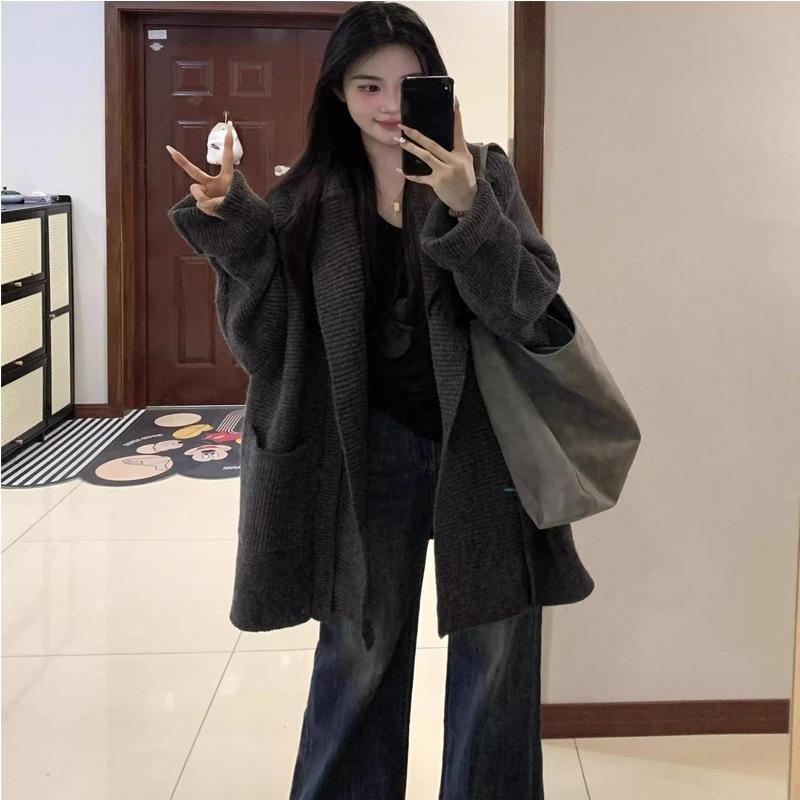Lazy wind gray lapel hooded sweater jacket women's autumn and winter thickened loose medium and long knitted cardigan top