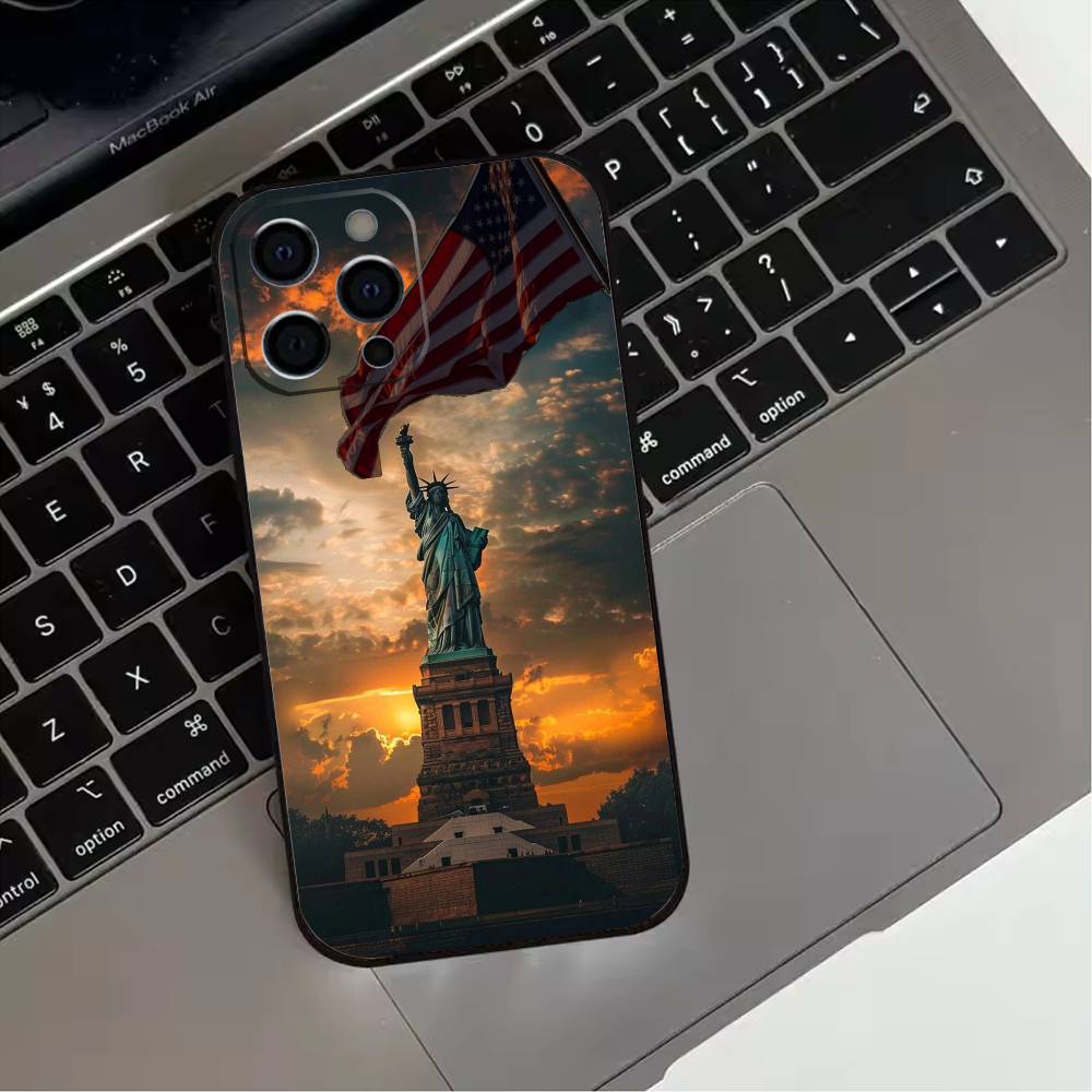 America USA Flag S-Statue Liberty  Phone Case For iPhone 17,16,15,14,13,12,11 Plus,Pro Max,XS,Soft Silicone Black Cover