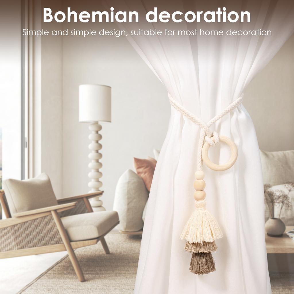 4/6 Pcs Curtain Tiebacks Fringed Wooden Ring Curtain Tieback Bohemian Style Curtains Clasp for Bedrooms Room and Home Decoration