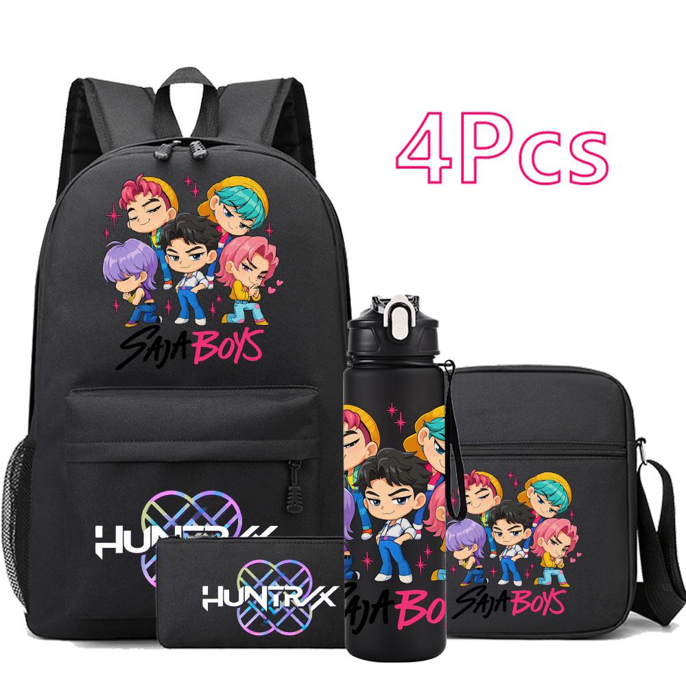 4Pcs/set Anime Cartoon K-Pop Printed Backpack with 750Ml Water Bottler for Teenager Student Girl Boy Bookbag Kid Gift Large Capacity Travel Bag