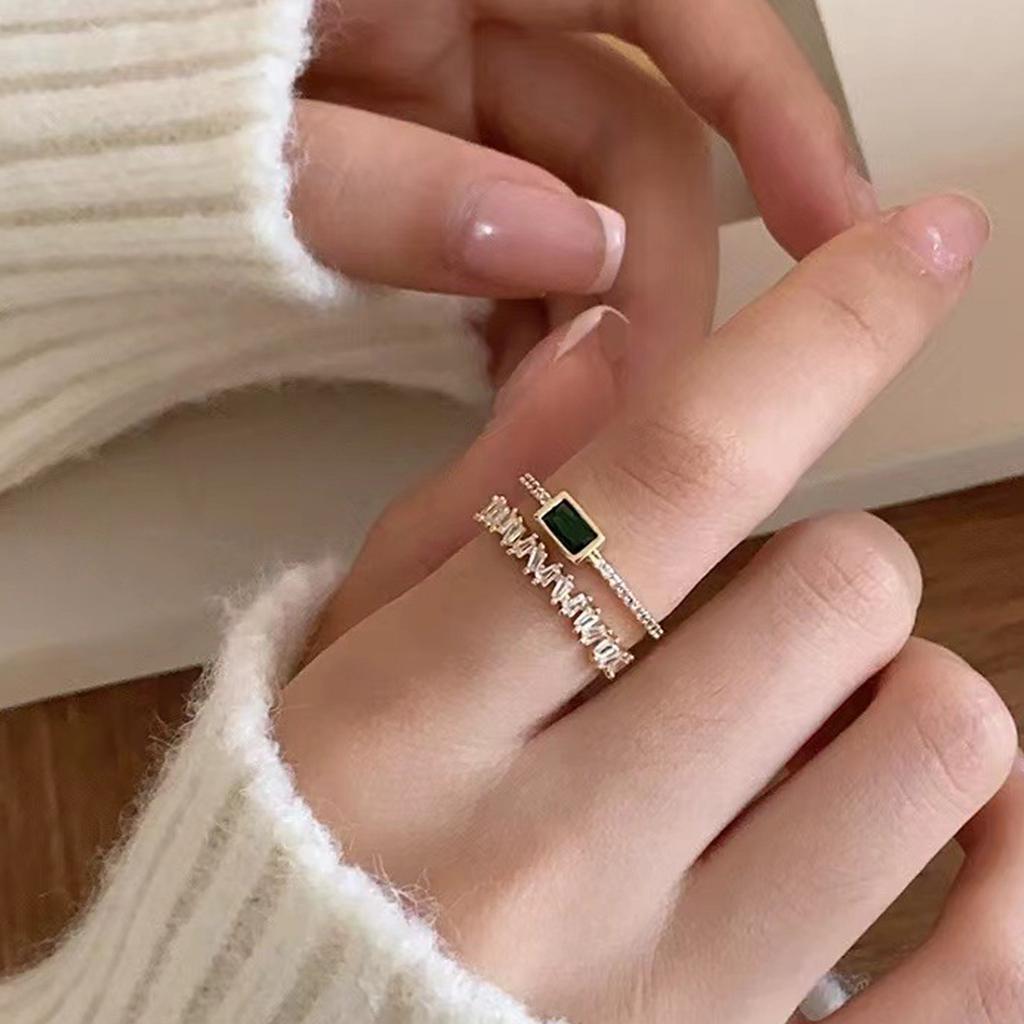 Fashionable Emerald Green Crystal Double Layer Ring Adjustable Opening Ring Copper Crafted Jewelry For Her