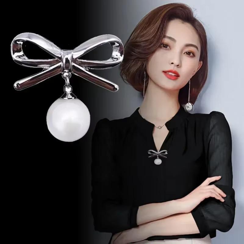 Elegant Simple Bow Brooches Women Bowknot Pin Pearl Pendant Safety Lapel Pins Wedding Jewelry Body Accessories Creative Brooche