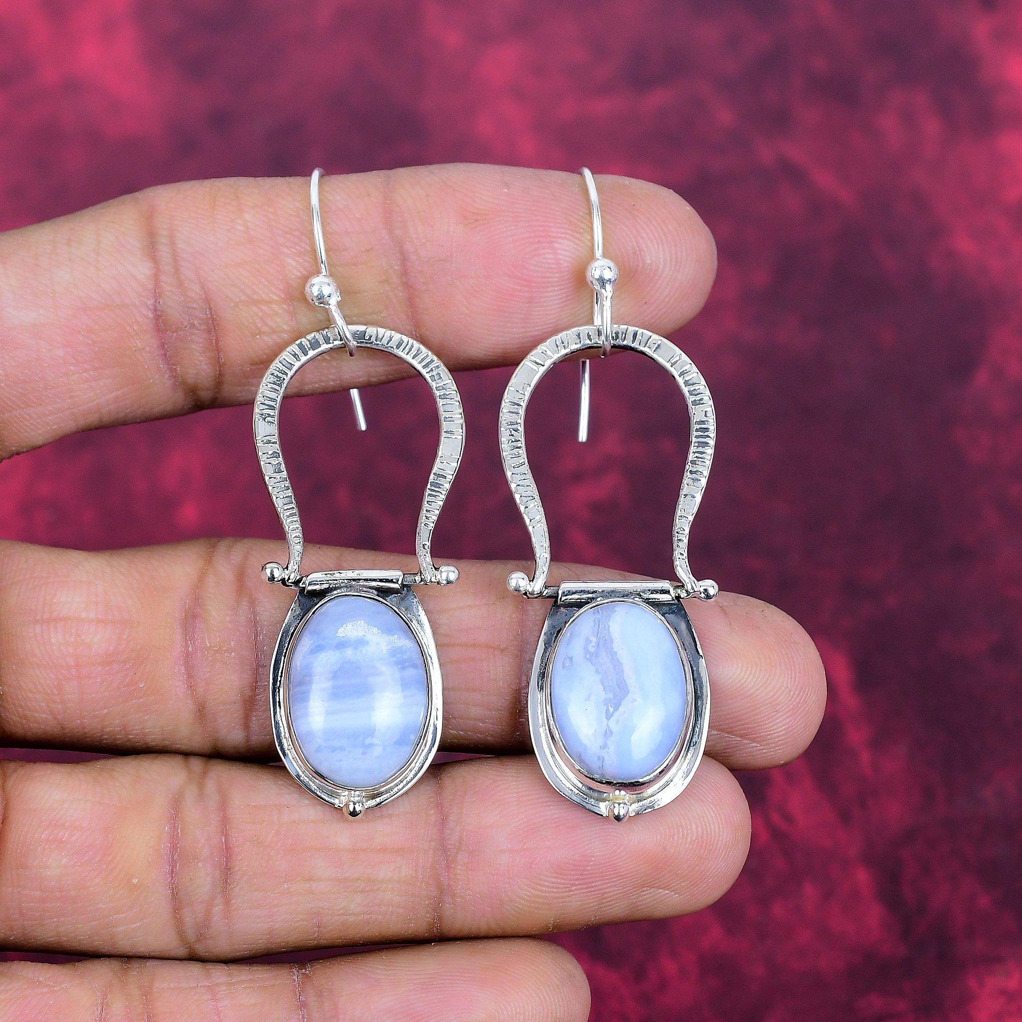 

Серьги ручной работы с синим кружевным агатом, серьги из стерлингового серебра 925 пробы, антикварные ювелирные изделия, серьги для подарка на помолвку 2.63 Inches