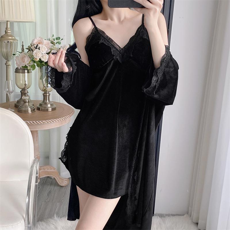 Golden Velvet Women's Pajamas Autumn and Winter New Sexy Suspenders Thermal Nightgown Nightgown Loungewear Lace with Chest Pad