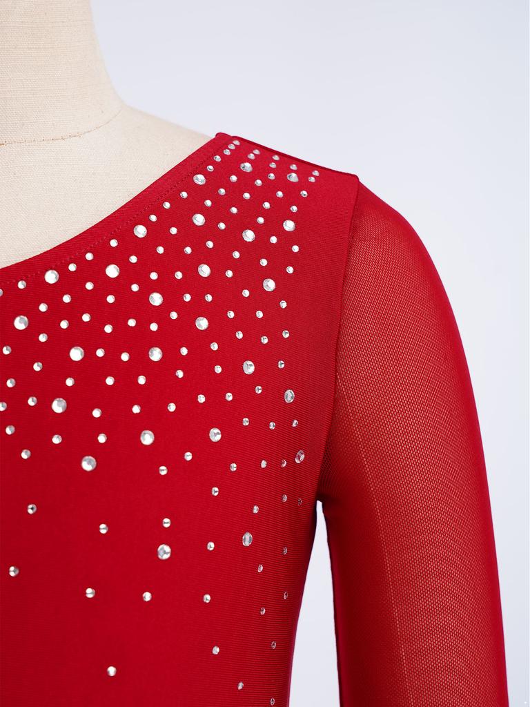Girls Figure Skating Gymnastics Jumpsuit Asymmetrical Design Back Invisible Zipper Mesh Patchwork Sparkly Rhinestones Bodysuit for Competition