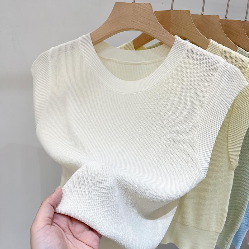 

2025 Весна и лето Ледяной Шелковый трикотажный жилет женский простой облегающий тонкий круглый вырез рубашка модный элегантный повседневный офисный топ без рукавов One size абрикосовый