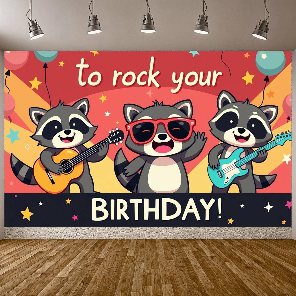 Rock N Roll Banner Lively Theme Animal Birthday Decor Raccoon Birthday Banner Star Decoration Music Event Banner For Kids