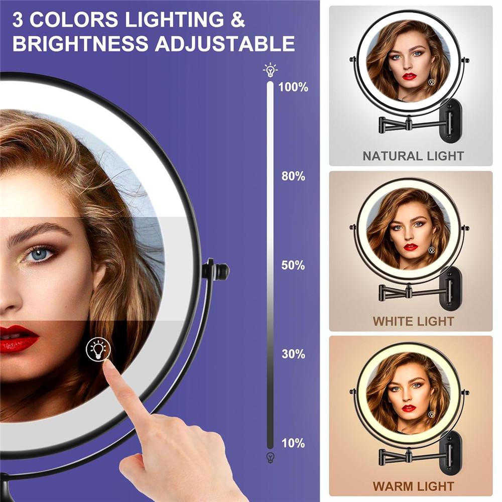 Wall-Mounted LED Makeup Mirror with Magnifying Glass, No-Drill, Retractable - Ideal for Bathroom & Dressing Table
