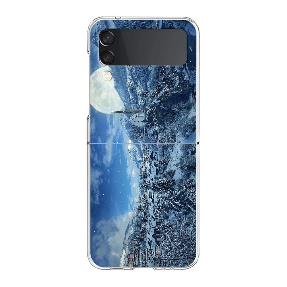 Winter Nature Snow Travel Art Phone Case For Samsung Galaxy Z Flip 3 4 5 Hard Folding PC Shell For Samsung Z Flip3 Clear Cover