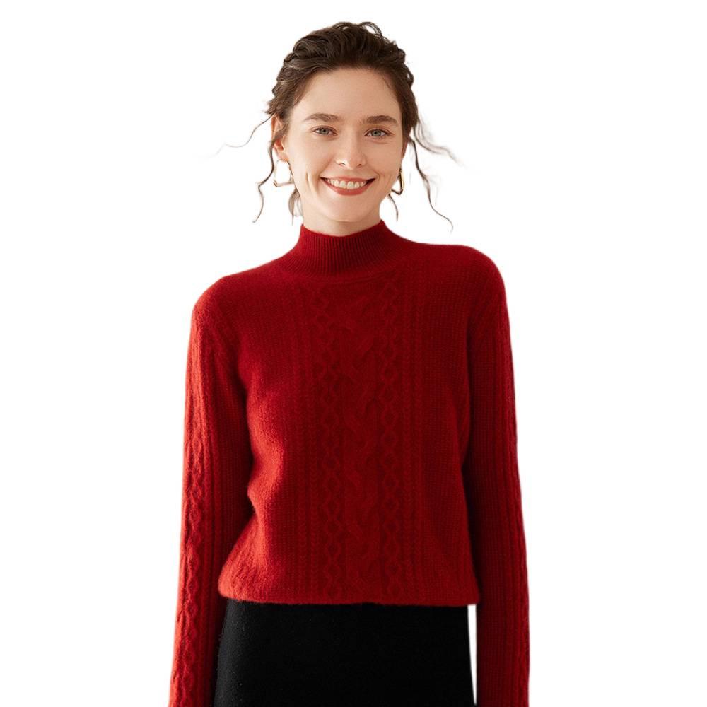 Women's Cable Knit Cashmere Sweater - Twisted Flower Bobble Stitch, Half-High Collar, Slim Fit