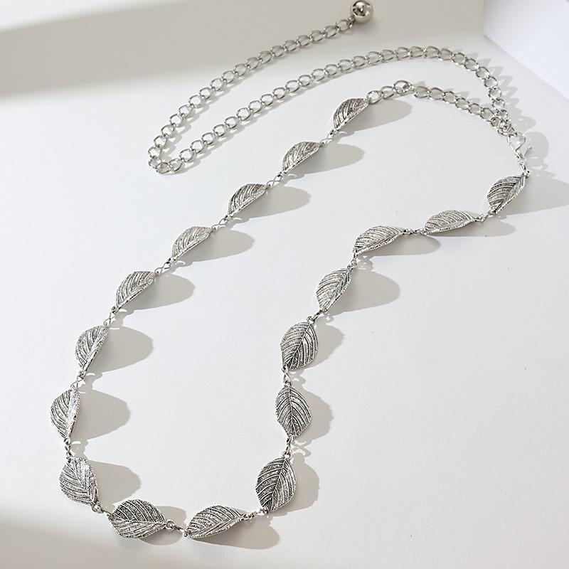 Ladies Vintage Leaf Texture Metal Waist Belt With Hook For Retro Spring Summer Wear