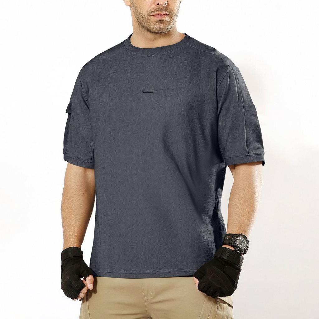 Men's Summer Solid Color Pocket Round Neck Loose Short Sleeve Top