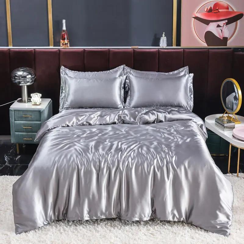 Nordic Satin Silk Bedding Set with Duvet Cover Bed Sheet Pillowcases Luxury Solid Single Double Couple Pillow Case Bedsheet