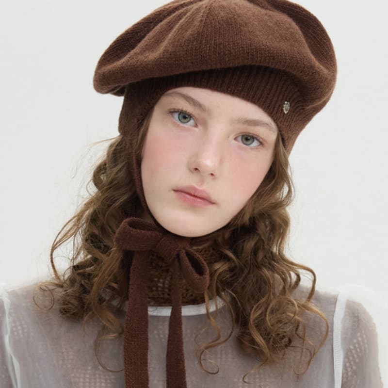 Brown Hat Tricot Ribbon Beret - Brown