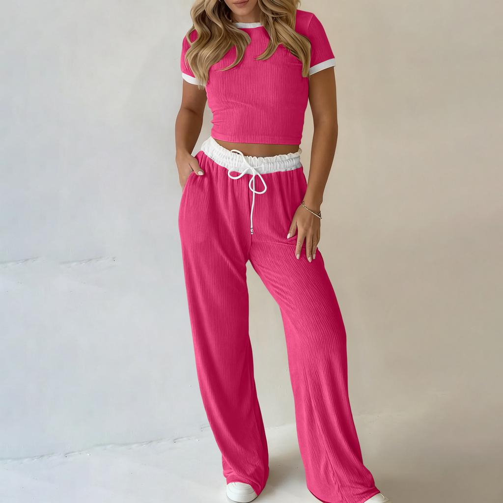 Women's Fashion Color Blocked Summer Round Neck Short Sleeved Top With Elastic Waist Casual Pants Sportswear Two-piece Set