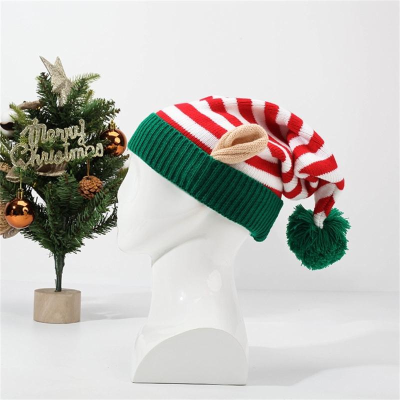 Knitted Acrylic Christmas Hats striped With Ear Top Winter Outdoor Wool Ball Daily Wear