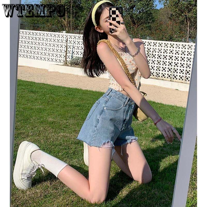 WTEMPO Denim Shorts Summer Women's High Waist Breathable Wide Leg Pants Hairy Edge Hole Slimming Shorts