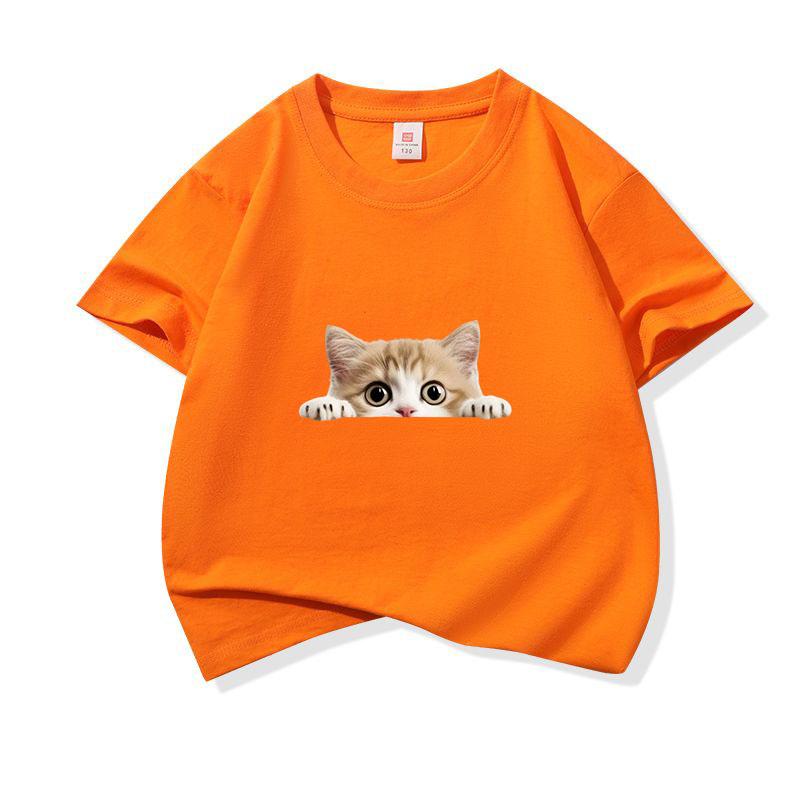 Kids Cotton T Shirt Peeking Orange Kitten Cat Print Crew Neck Short Sleeve Tee Casual Breathable Boys Girls Summer Tops