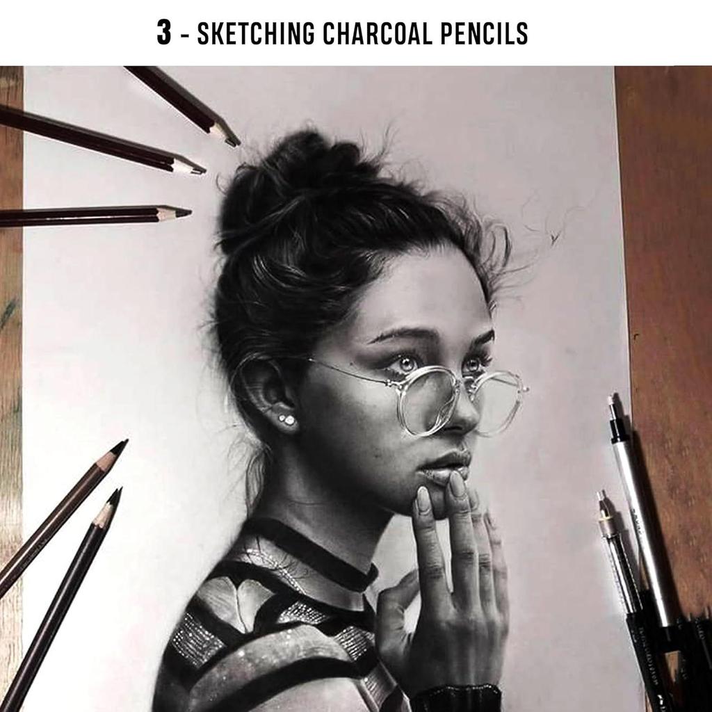 Set de instrumente profesionale pentru schițe și desen, 29 de bucăți, cu creioane din grafit, creioane cu cărbune, stilou șters de hârtie,  (cu husă rulantă din pânză)