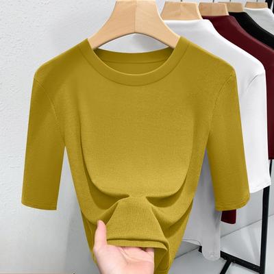 Women's Crew Neck 3/4 Sleeve Slim Fit Solid Color Ribbed Tunic Top Blouse