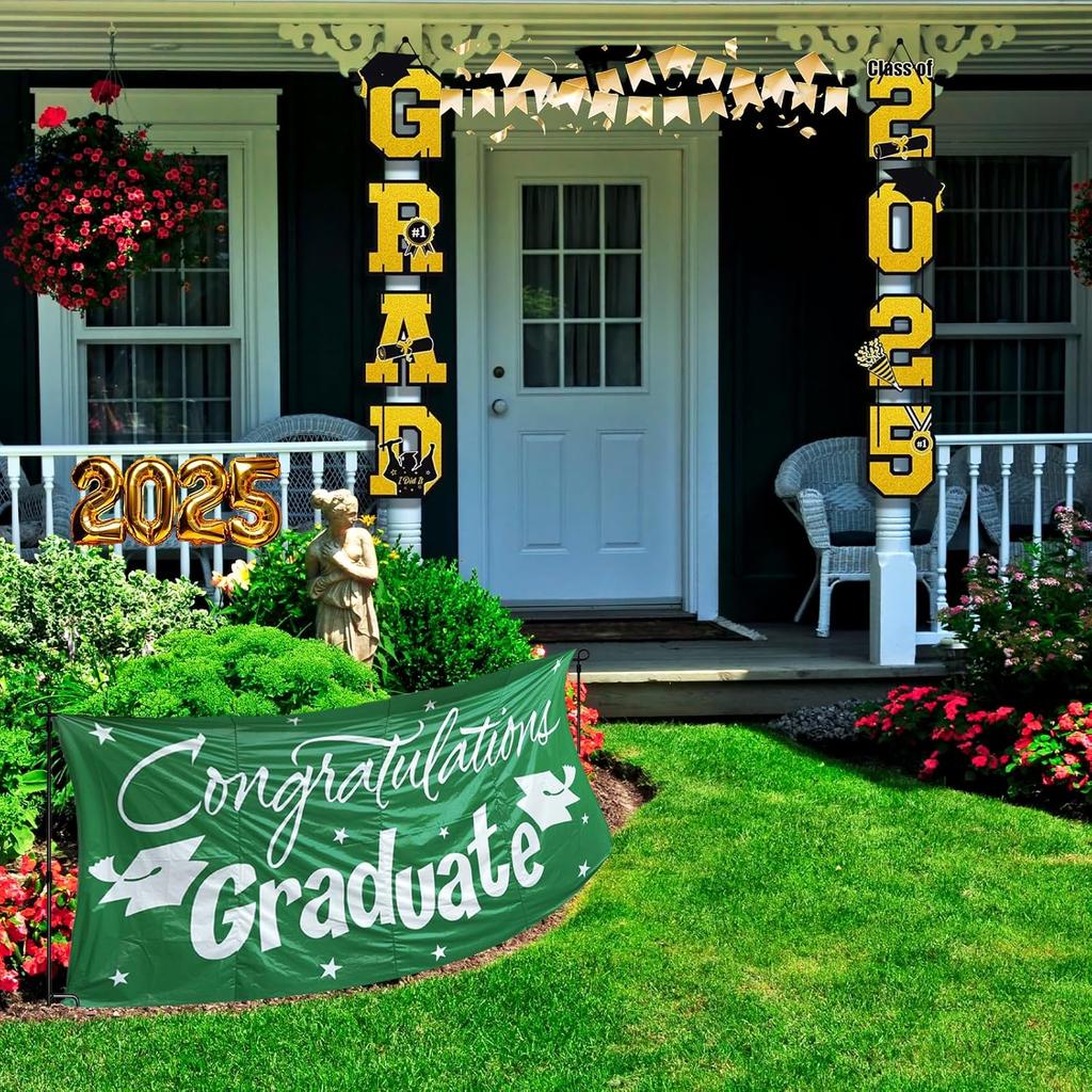 Graduation Door Banners for Front Door, Gold and Black 2025 Congratulations Congrats Door Sign for Grad Party Decoration, Porch Sign for School Yard