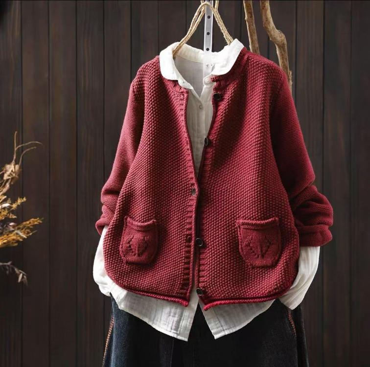 Vintage Knitted Sweater Women Autumn Casual Solid Color Button Patchwork Pockets