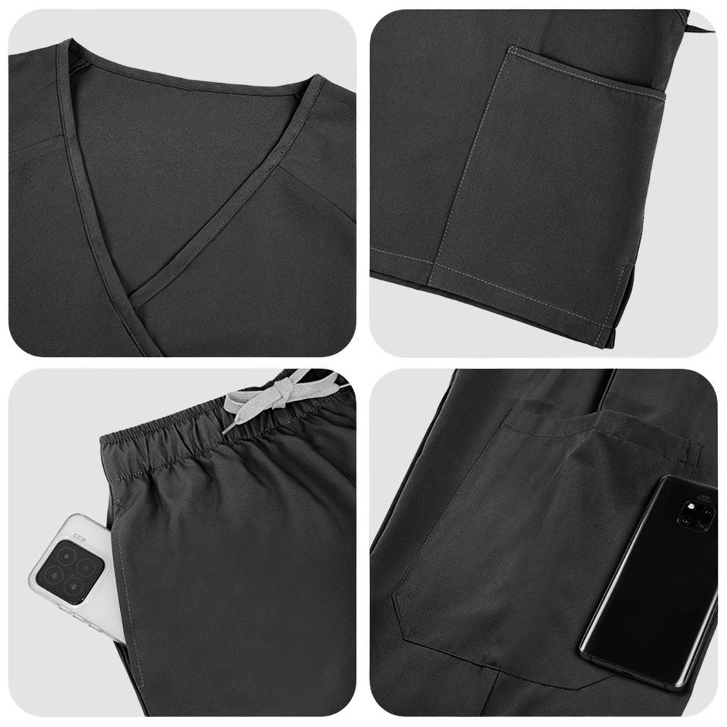 Damen V-Ausschnitt Kurzarm Zweiteiliges Uniform Set für die Arbeit