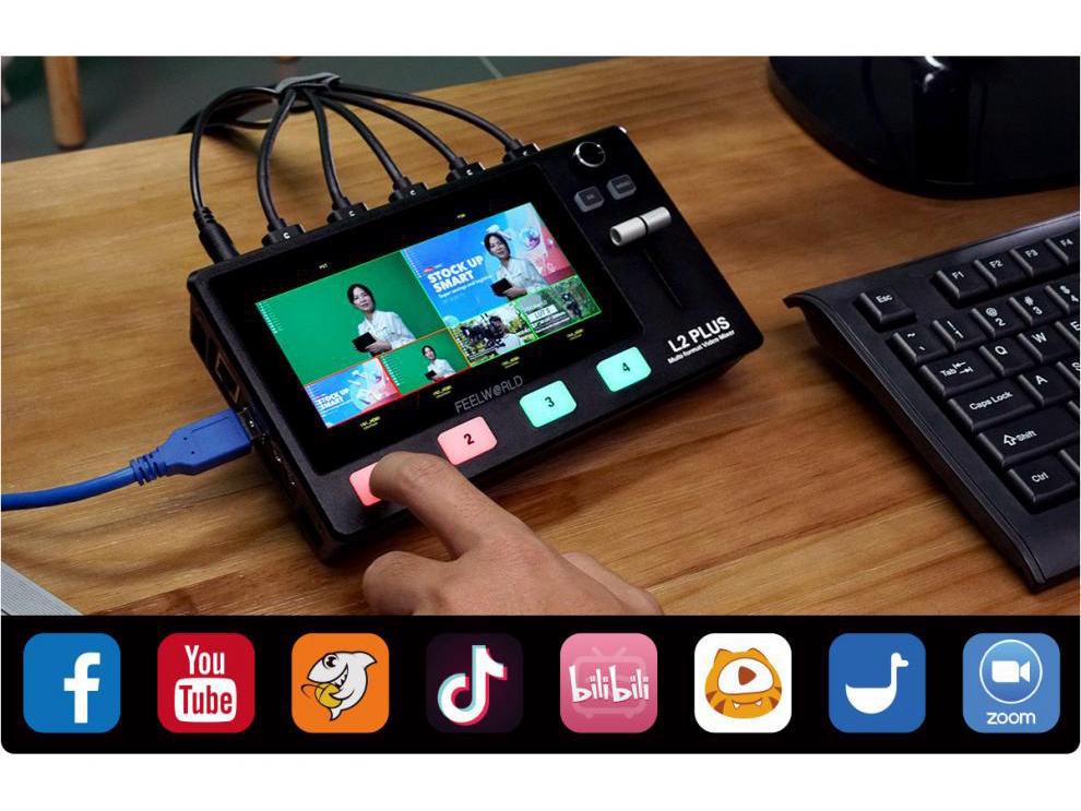 FEELWORLD L2 PLUS Multi-Camera Video Switcher with Chroma Key Control and PTZ Camera USB Direct.