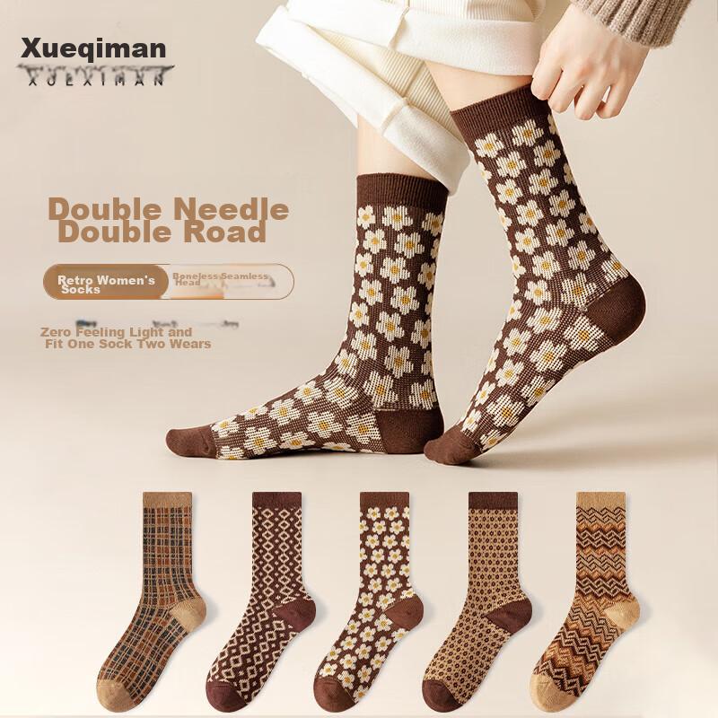 XUEXIMAN Women's Socks, Retro Meilade Mid-Calf Socks, Slouchy Socks, Sweat-Absorbing And Odor-Resistant Cotton Socks, Women's Long Socks, Ethnic Style