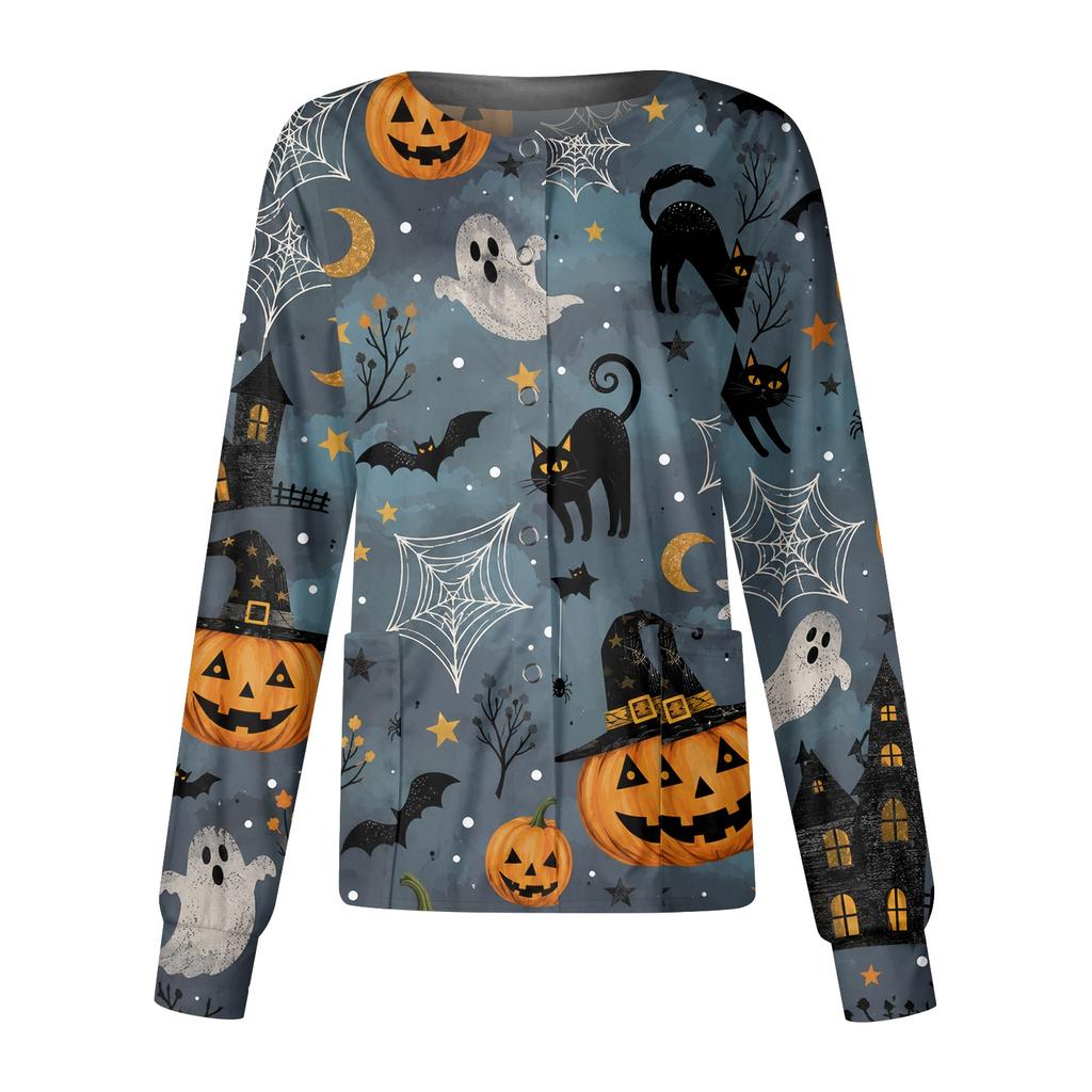 Halloween Print Casual Long Sleeve Single Breasted Caregiver Uniform Cardigan Top for Women Comfortable Workwear Shirt with Button Closure