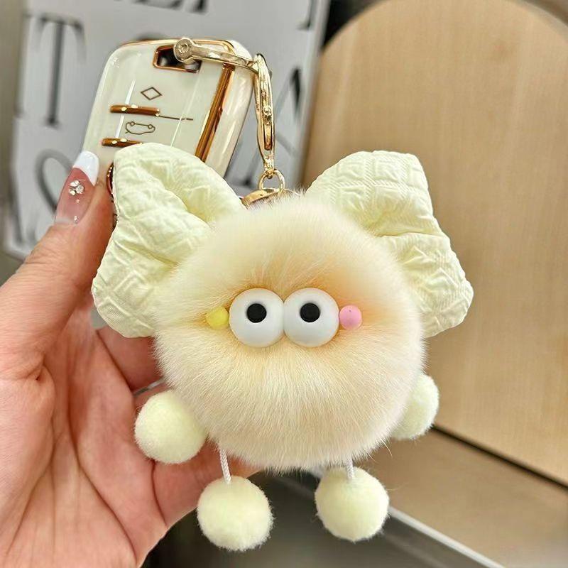 Adorable Rex Rabbit Fur Bow Plush Soot Ball Keychain & Bag Charm