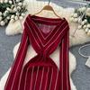 Autumn Winter Women Casual V-neck Full Sleeve Striped Knitted Sweater Slim Bodycon Sheath Dresses