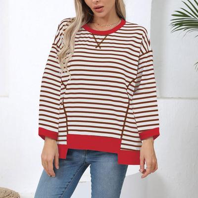 Toamnă Iarnă Minimalist Acasă Casual cu Dungi Gât Rotund Trendy Pulover cu Mâneci Lungi Tricouri cu Blocuri de Culoare Femei