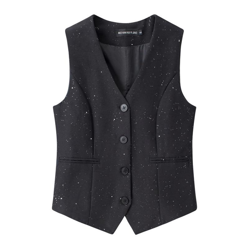 2025 Spring Elegant Collarless Single-Breasted Polyester Cardigan Vest with Pockets for Women - Commuter Style