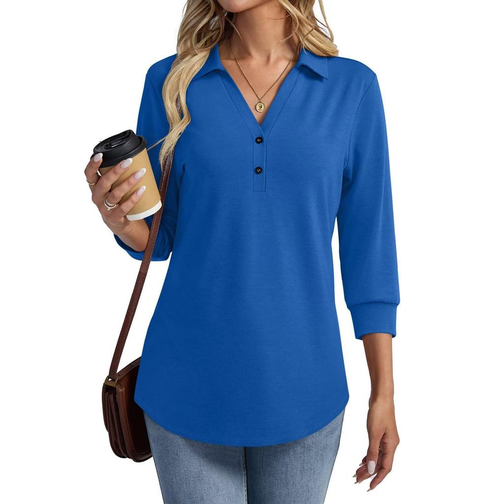 Women's Fashion Casual Lapel Short 3/4 Sleeve Color Shirt Women's Up Tops