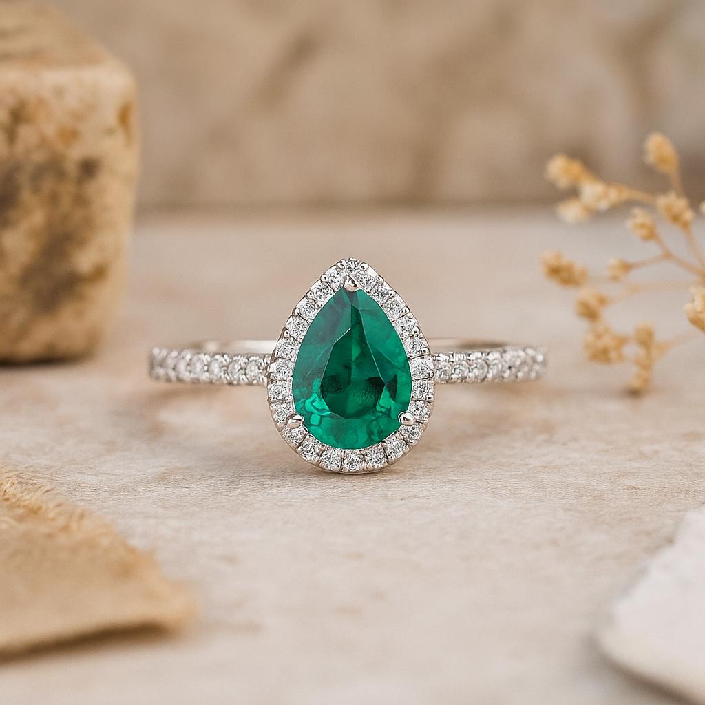 Pear Cut Green CZ Ring, White Gold Plated Silver, Halo Engagement Ring with Side Stones for Women