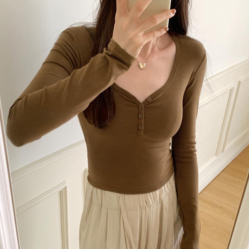 Sexy Hot Girl Right Shoulder Low Collar Long Sleeve T-Shirt Women's Autumn New Elastic Slim Navel Navel Bottoming Top