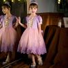 Girls Rapunzel Puffy Dress Mesh Lace Splicing Bow Dress