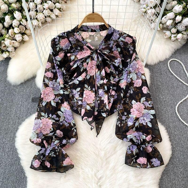 

Ruffles Bell Sleeve Casual Tops Bows Shoelace Black background pink flower One size
