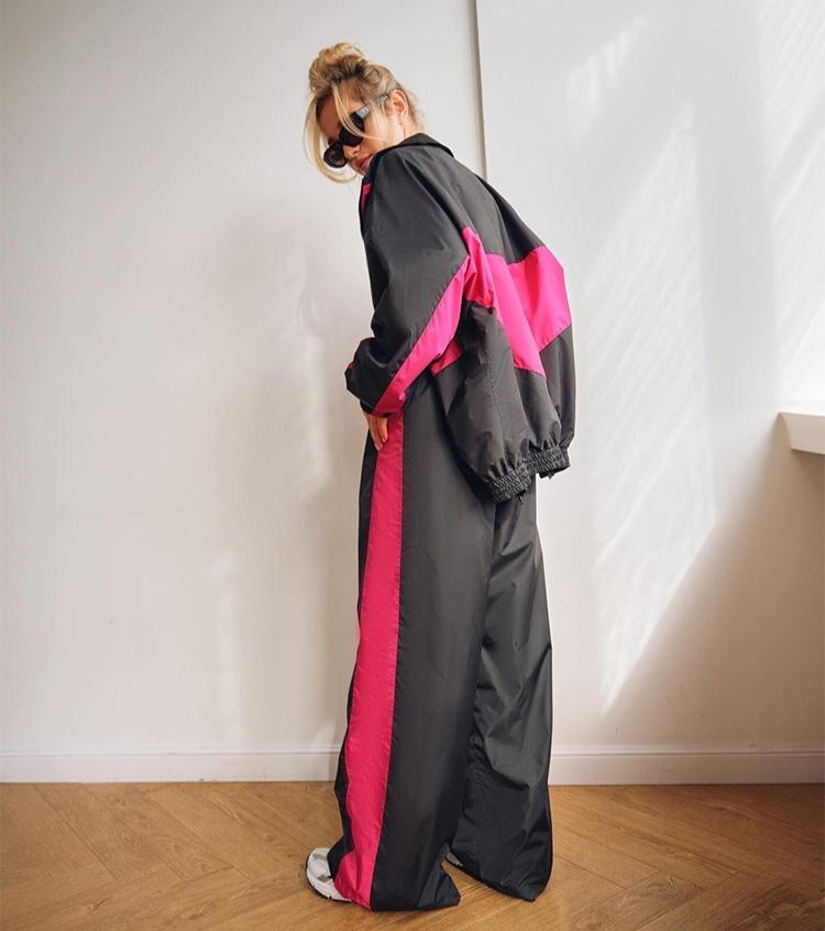 FLARORA Mode Color-Blocking 2-teilige Sets Damen Langarm Reißverschluss Lockere Jacken und Gerade Bein Hosen Outfits Street Trainingsanzüge