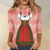Women Casual Three Quarter Sleeve Oktoberfest Print Round Neck Shirt Lightweight Pullover Top for Daily Wear