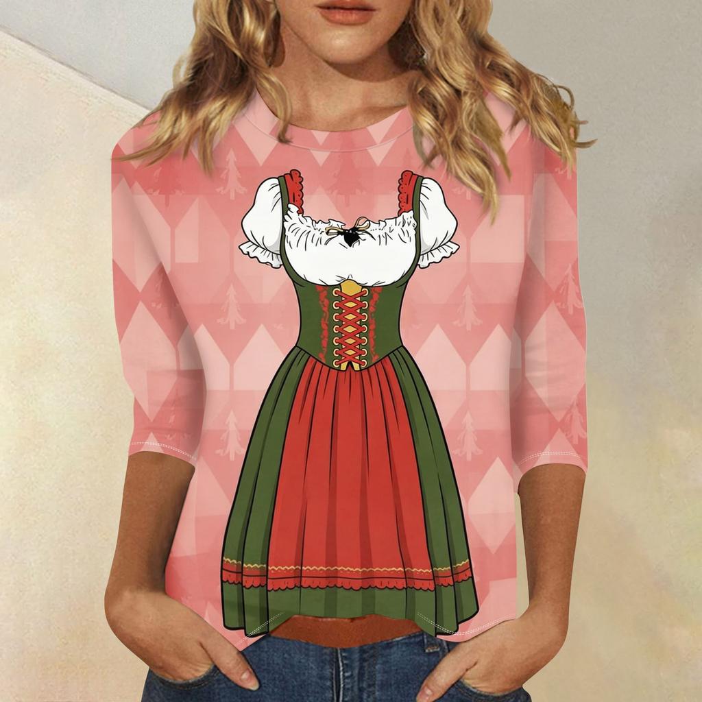 Women Casual Three Quarter Sleeve Oktoberfest Print Round Neck Shirt Lightweight Pullover Top for Daily Wear